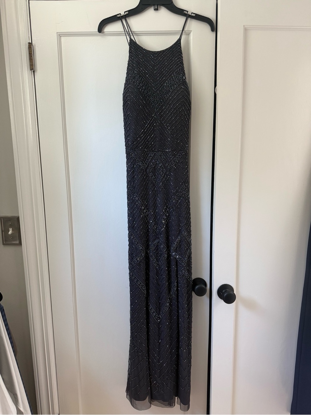 Adrianna Papell Navy Beaded Evening Gown with Spaghetti Straps